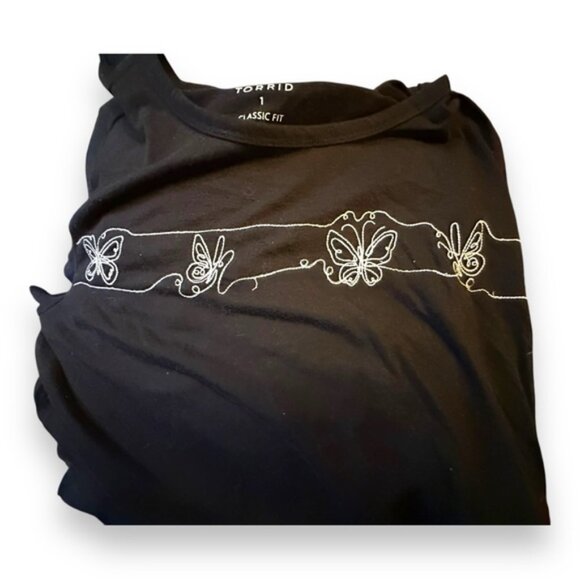Women’s torrid 1 Black Embroider Butterflies Everyday Signature Jersey Crew Neck - Picture 7 of 10